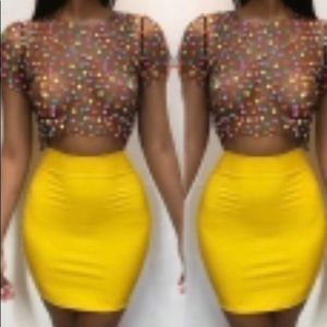 Sheer dotted top with yellow skirt